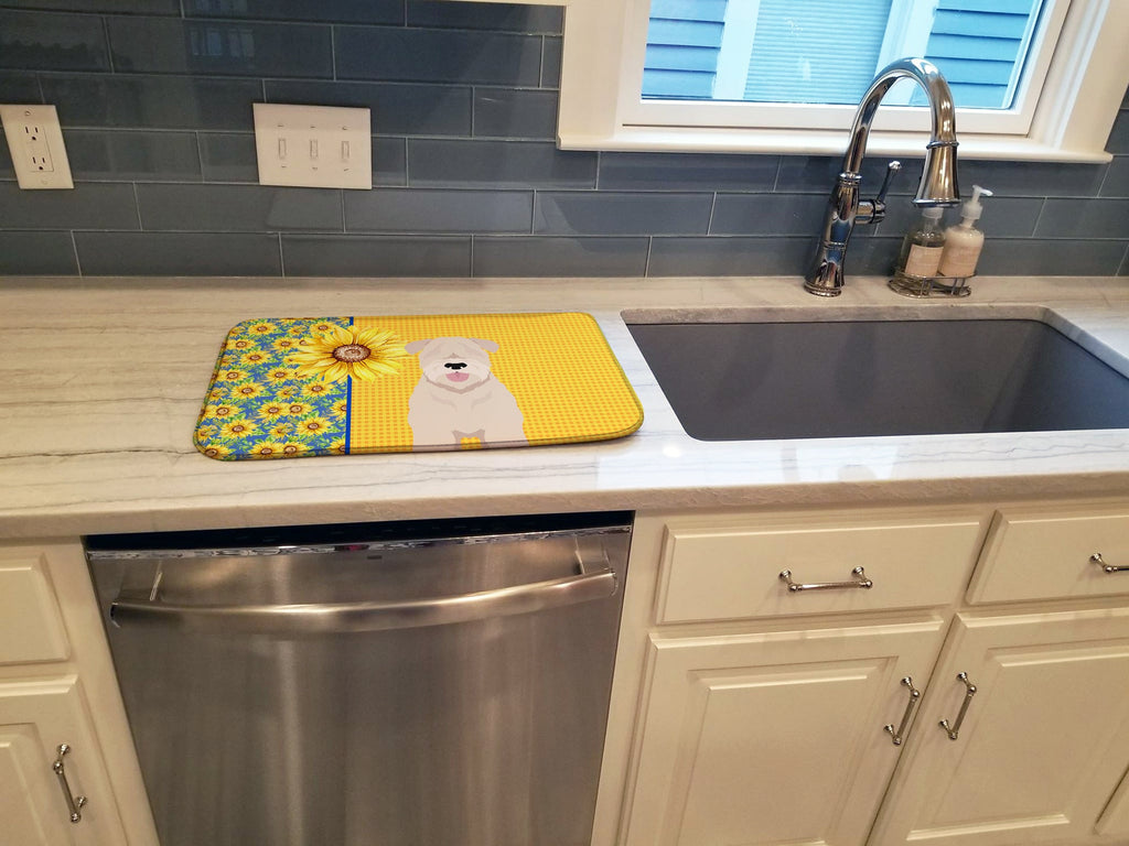 Summer Sunflowers Soft Coated Wheaten Terrier Dish Drying Mat Absorbent Dish Drying Mat Pad for Kitchen Counter Dish Drainer Mat for Countertop, 14 x 21", Multicolor
