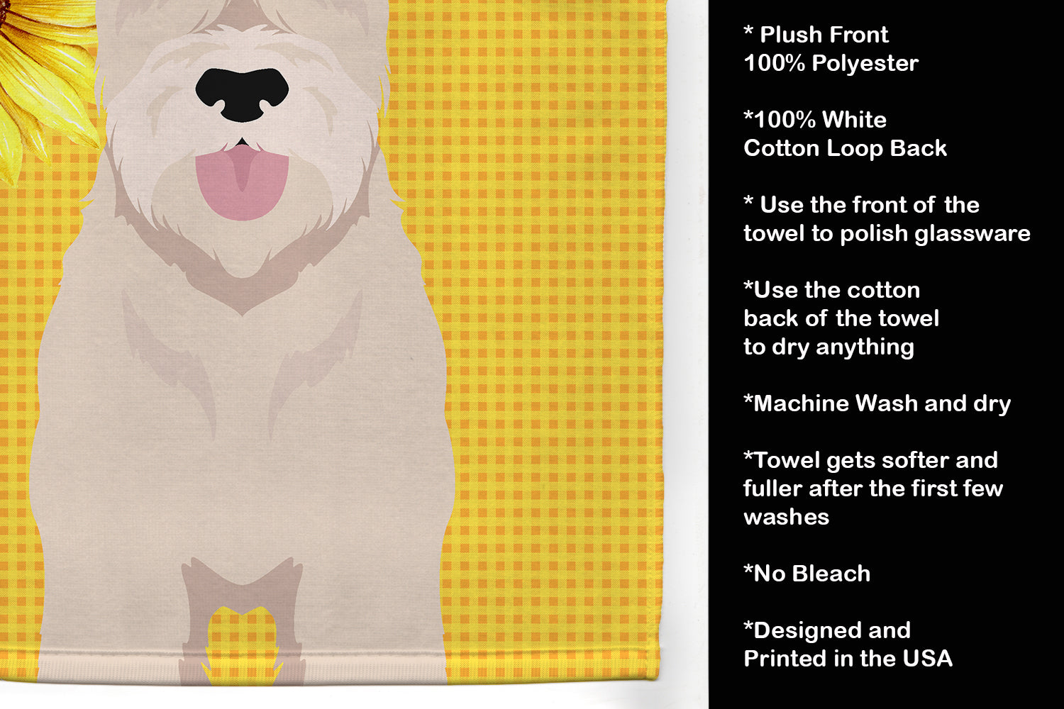 Summer Sunflowers Soft Coated Wheaten Terrier Kitchen Towel Velour Plush Front and Cotton Loop Back Machine Washable