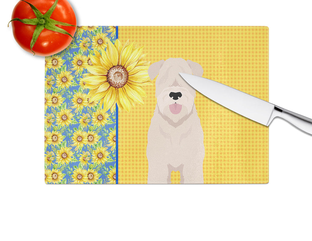 Summer Sunflowers Soft Coated Wheaten Terrier Cutting Board Tempered Glass Kitchen Cutting Surface, Heat Resistant Chopping, Non-Slip Feet, Food Prep & Serving