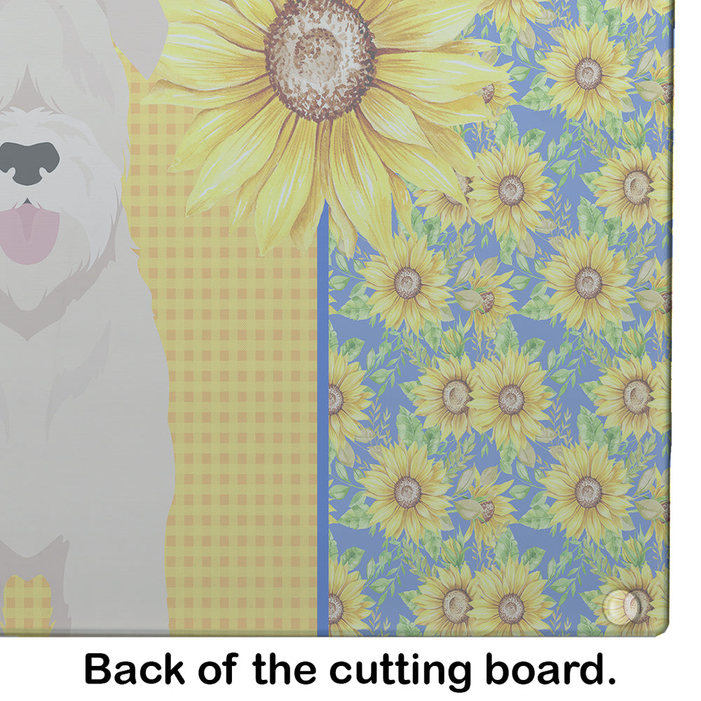 Summer Sunflowers Soft Coated Wheaten Terrier Cutting Board Tempered Glass Kitchen Cutting Surface, Heat Resistant Chopping, Non-Slip Feet, Food Prep & Serving