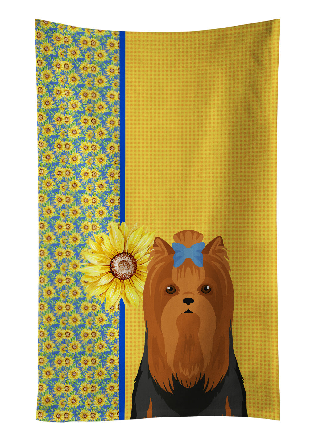 Summer Sunflowers Black and Tan Full Coat Yorkshire Terrier Kitchen Towel Velour Plush Front and Cotton Loop Back Machine Washable