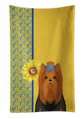 Summer Sunflowers Black and Tan Full Coat Yorkshire Terrier Kitchen Towel Velour Plush Front and Cotton Loop Back Machine Washable