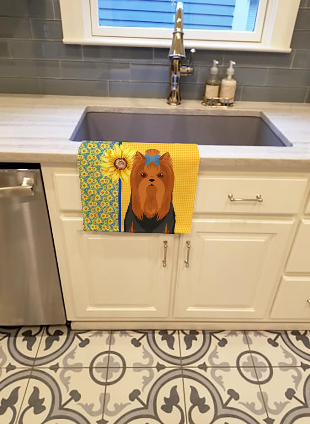 Summer Sunflowers Black and Tan Full Coat Yorkshire Terrier Kitchen Towel Velour Plush Front and Cotton Loop Back Machine Washable