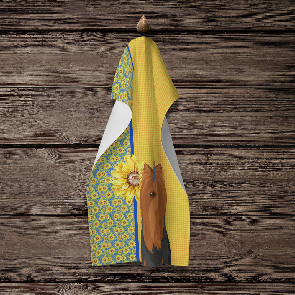 Summer Sunflowers Black and Tan Full Coat Yorkshire Terrier Kitchen Towel Velour Plush Front and Cotton Loop Back Machine Washable