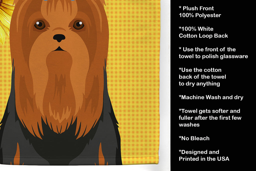 Summer Sunflowers Black and Tan Full Coat Yorkshire Terrier Kitchen Towel Velour Plush Front and Cotton Loop Back Machine Washable