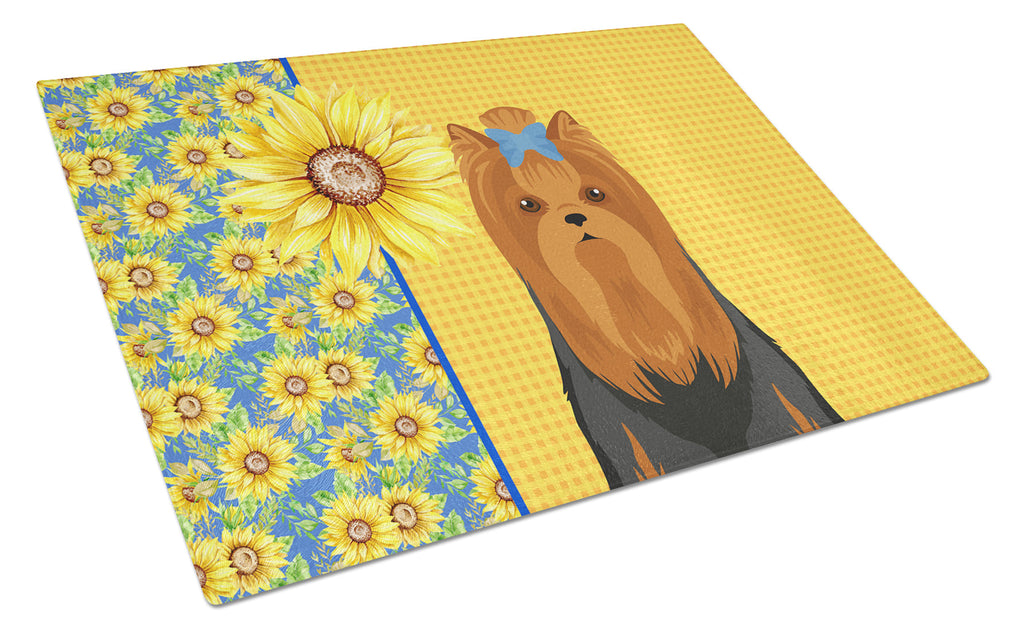 Summer Sunflowers Black and Tan Full Coat Yorkshire Terrier Cutting Board Tempered Glass Kitchen Cutting Surface, Heat Resistant Chopping, Non-Slip Feet, Food Prep & Serving