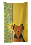 Summer Sunflowers Black and Tan Puppy Cut Yorkshire Terrier Kitchen Towel Velour Plush Front and Cotton Loop Back Machine Washable