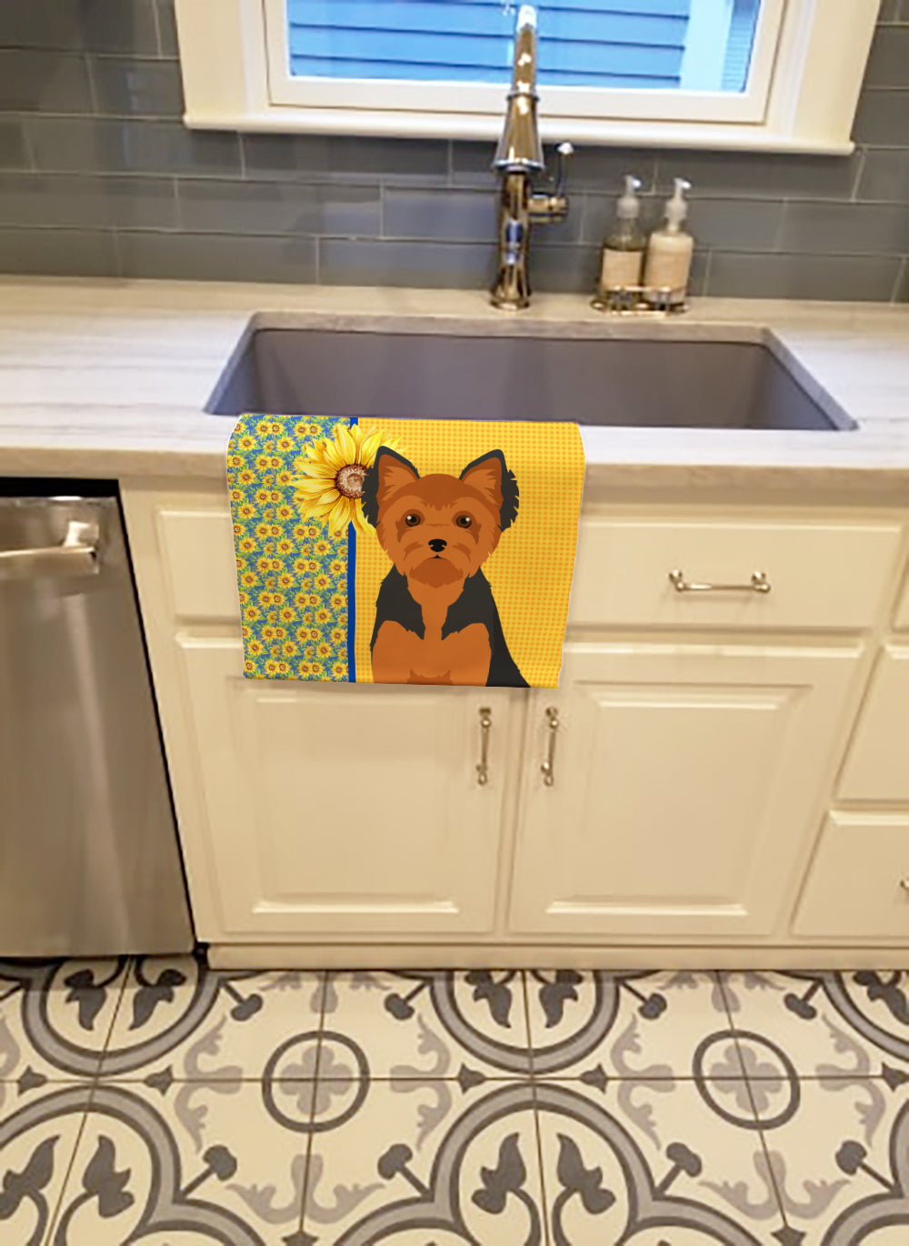 Summer Sunflowers Black and Tan Puppy Cut Yorkshire Terrier Kitchen Towel Velour Plush Front and Cotton Loop Back Machine Washable
