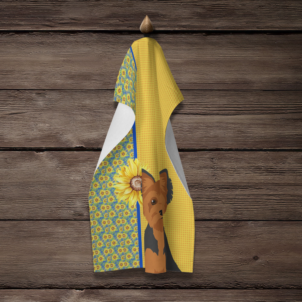 Summer Sunflowers Black and Tan Puppy Cut Yorkshire Terrier Kitchen Towel Velour Plush Front and Cotton Loop Back Machine Washable