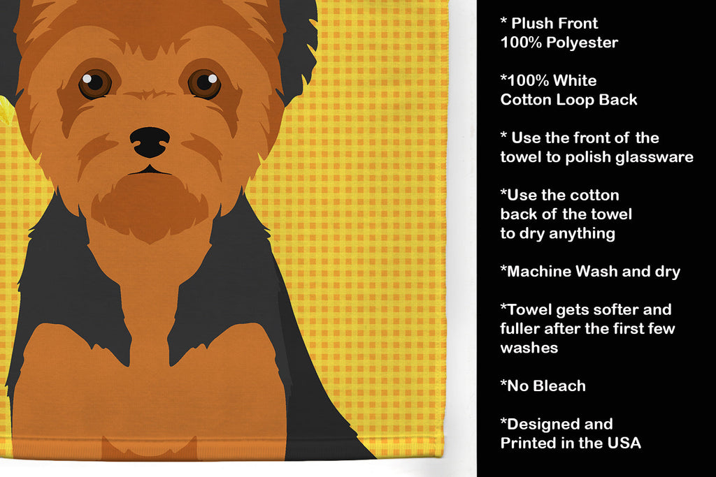 Summer Sunflowers Black and Tan Puppy Cut Yorkshire Terrier Kitchen Towel Velour Plush Front and Cotton Loop Back Machine Washable