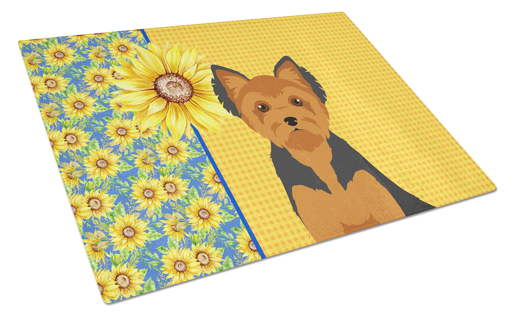 Summer Sunflowers Black and Tan Puppy Cut Yorkshire Terrier Cutting Board Tempered Glass Kitchen Cutting Surface, Heat Resistant Chopping, Non-Slip Feet, Food Prep & Serving