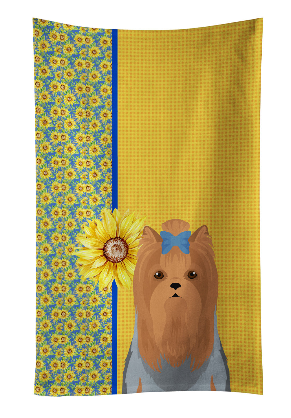 Summer Sunflowers Blue and Tan Full Coat Yorkshire Terrier Kitchen Towel Velour Plush Front and Cotton Loop Back Machine Washable