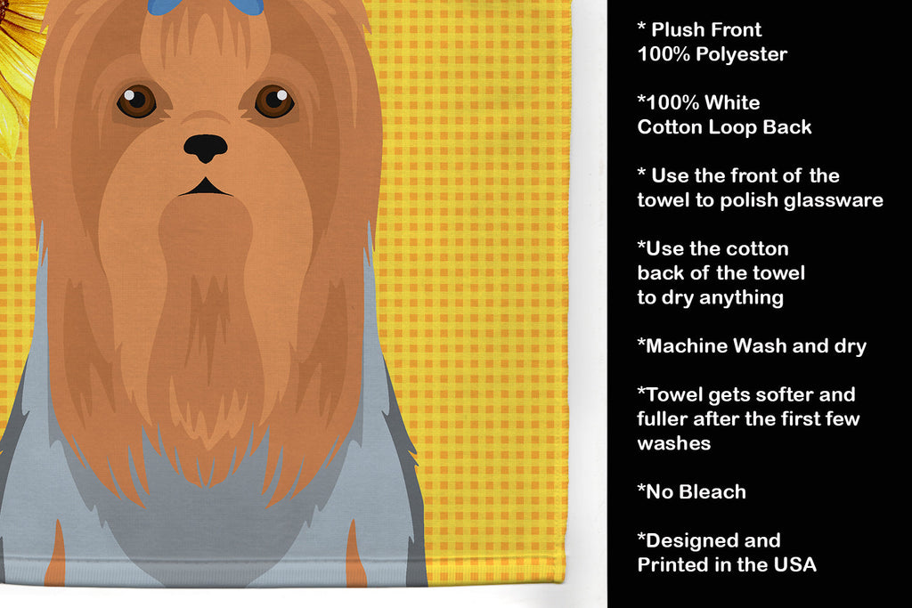 Summer Sunflowers Blue and Tan Full Coat Yorkshire Terrier Kitchen Towel Velour Plush Front and Cotton Loop Back Machine Washable