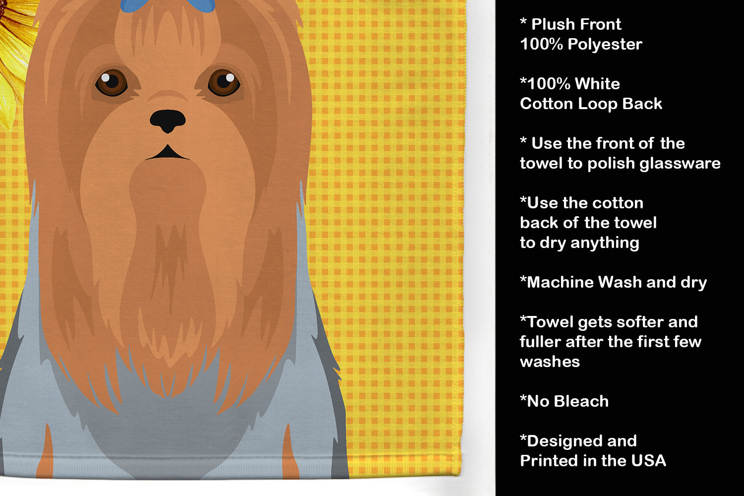 Summer Sunflowers Blue and Tan Full Coat Yorkshire Terrier Kitchen Towel Velour Plush Front and Cotton Loop Back Machine Washable