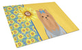 Summer Sunflowers Blue and Tan Full Coat Yorkshire Terrier Cutting Board Tempered Glass Kitchen Cutting Surface, Heat Resistant Chopping, Non-Slip Feet, Food Prep & Serving