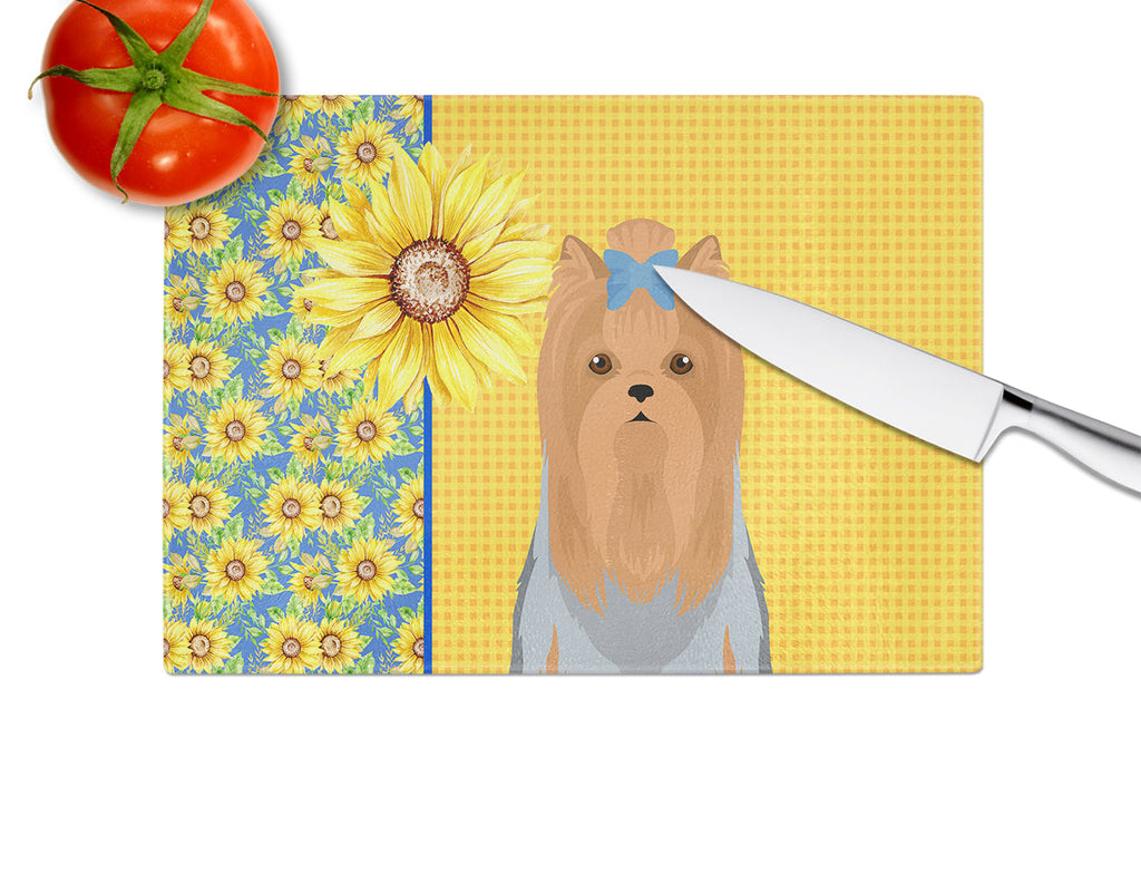 Summer Sunflowers Blue and Tan Full Coat Yorkshire Terrier Cutting Board Tempered Glass Kitchen Cutting Surface, Heat Resistant Chopping, Non-Slip Feet, Food Prep & Serving