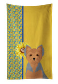 Summer Sunflowers Blue and Tan Puppy Cut Yorkshire Terrier Kitchen Towel Velour Plush Front and Cotton Loop Back Machine Washable