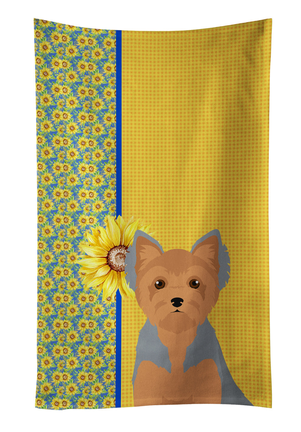 Summer Sunflowers Blue and Tan Puppy Cut Yorkshire Terrier Kitchen Towel Velour Plush Front and Cotton Loop Back Machine Washable