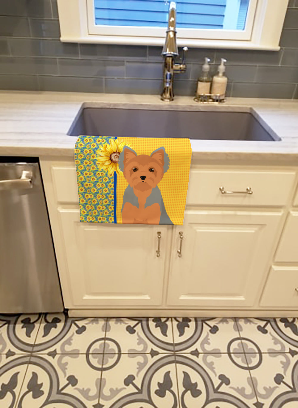 Summer Sunflowers Blue and Tan Puppy Cut Yorkshire Terrier Kitchen Towel Velour Plush Front and Cotton Loop Back Machine Washable