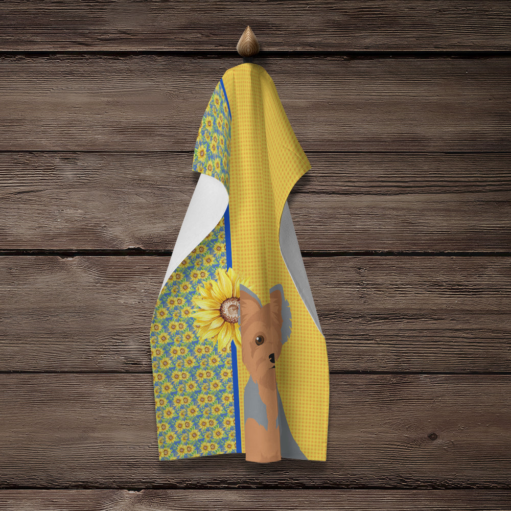 Summer Sunflowers Blue and Tan Puppy Cut Yorkshire Terrier Kitchen Towel Velour Plush Front and Cotton Loop Back Machine Washable