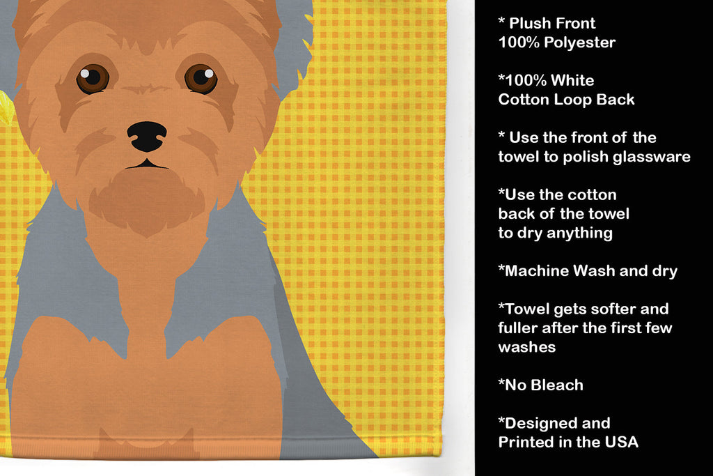 Summer Sunflowers Blue and Tan Puppy Cut Yorkshire Terrier Kitchen Towel Velour Plush Front and Cotton Loop Back Machine Washable