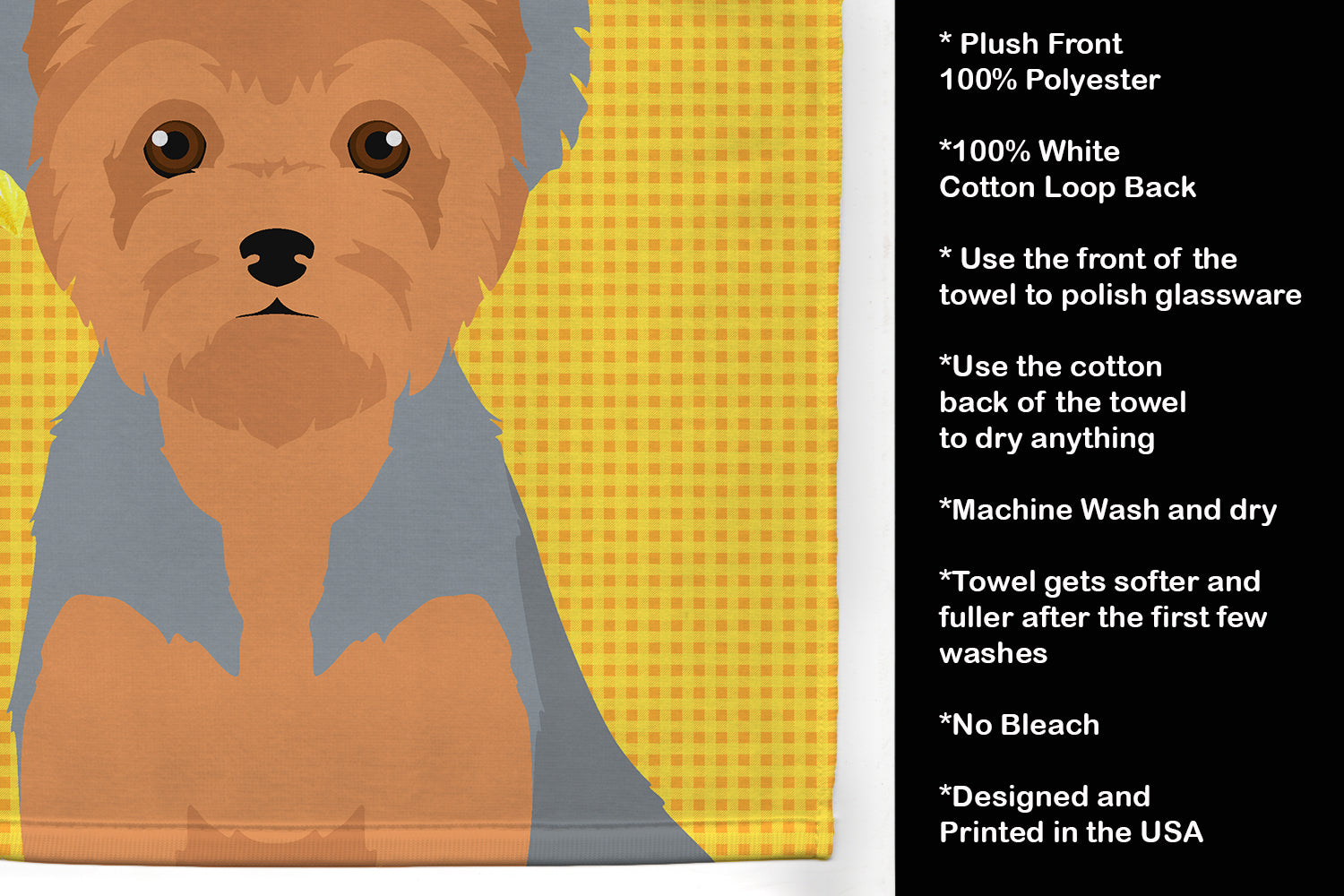 Summer Sunflowers Blue and Tan Puppy Cut Yorkshire Terrier Kitchen Towel Velour Plush Front and Cotton Loop Back Machine Washable