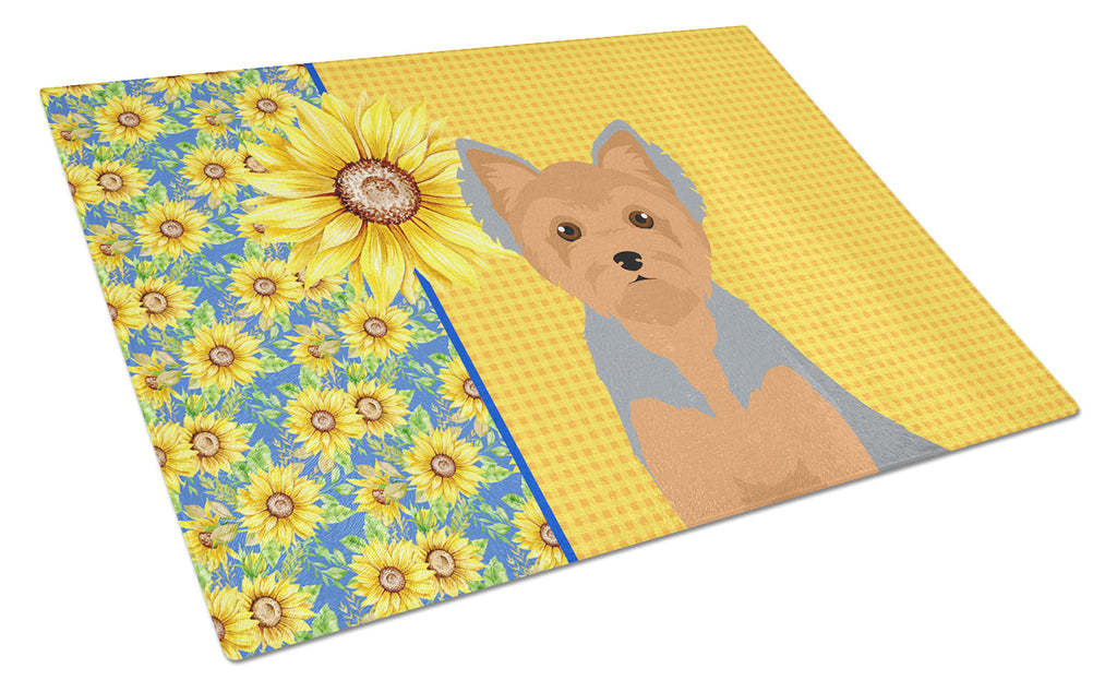Summer Sunflowers Blue and Tan Puppy Cut Yorkshire Terrier Cutting Board Tempered Glass Kitchen Cutting Surface, Heat Resistant Chopping, Non-Slip Feet, Food Prep & Serving