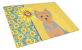 Summer Sunflowers Blue and Tan Puppy Cut Yorkshire Terrier Cutting Board Tempered Glass Kitchen Cutting Surface, Heat Resistant Chopping, Non-Slip Feet, Food Prep & Serving