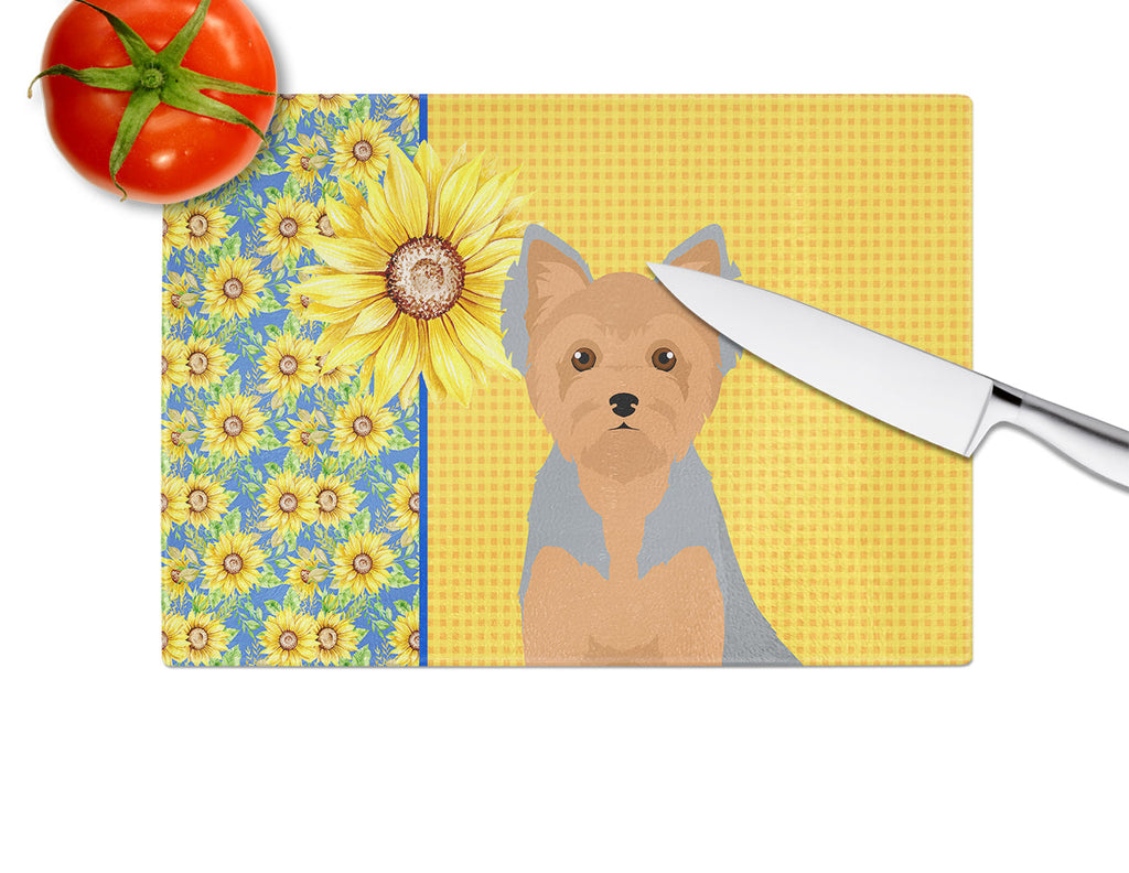 Summer Sunflowers Blue and Tan Puppy Cut Yorkshire Terrier Cutting Board Tempered Glass Kitchen Cutting Surface, Heat Resistant Chopping, Non-Slip Feet, Food Prep & Serving