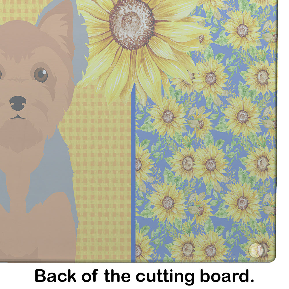 Summer Sunflowers Blue and Tan Puppy Cut Yorkshire Terrier Cutting Board Tempered Glass Kitchen Cutting Surface, Heat Resistant Chopping, Non-Slip Feet, Food Prep & Serving