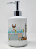 Brindle Boston Terrier Ceramic Soap Dispenser , Empty Refillable Hand Soap Pump Bottle for Bathroom Kitchen
