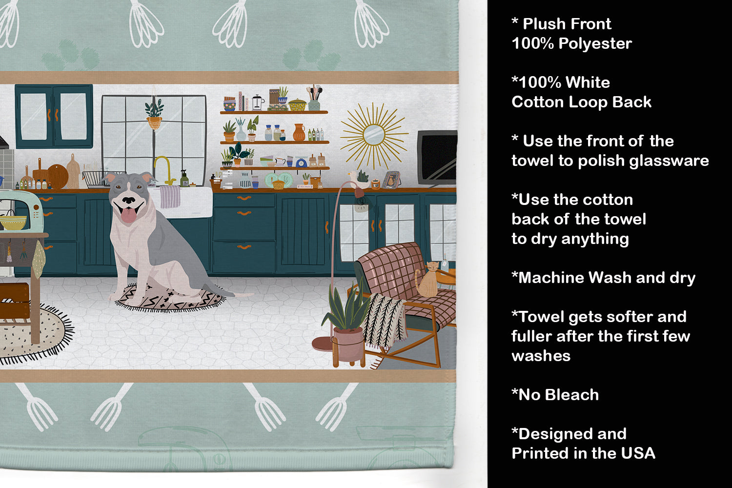 Blue and White Pit Bull Terrier in the Kitchen Kitchen Towel Velour Plush Front and Cotton Loop Back Machine Washable