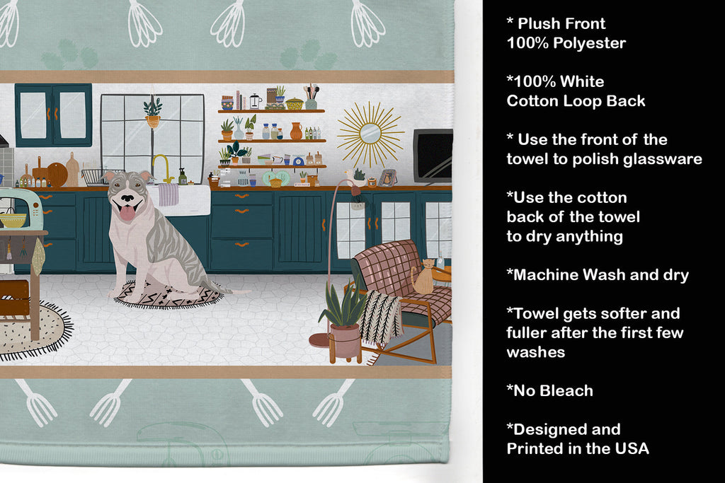 Blue Brindle Pit Bull Terrier in the Kitchen Kitchen Towel Velour Plush Front and Cotton Loop Back Machine Washable
