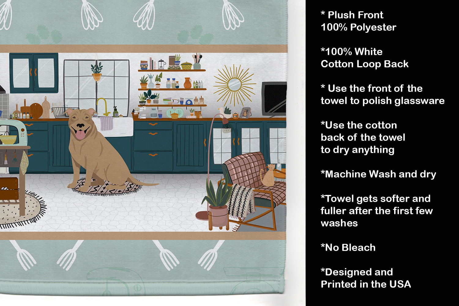 Fawn Pit Bull Terrier in the Kitchen Kitchen Towel Velour Plush Front and Cotton Loop Back Machine Washable