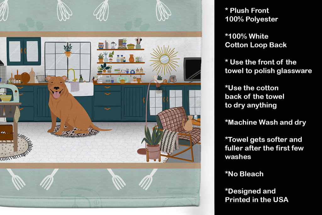 Red Pit Bull Terrier in the Kitchen Kitchen Towel Velour Plush Front and Cotton Loop Back Machine Washable