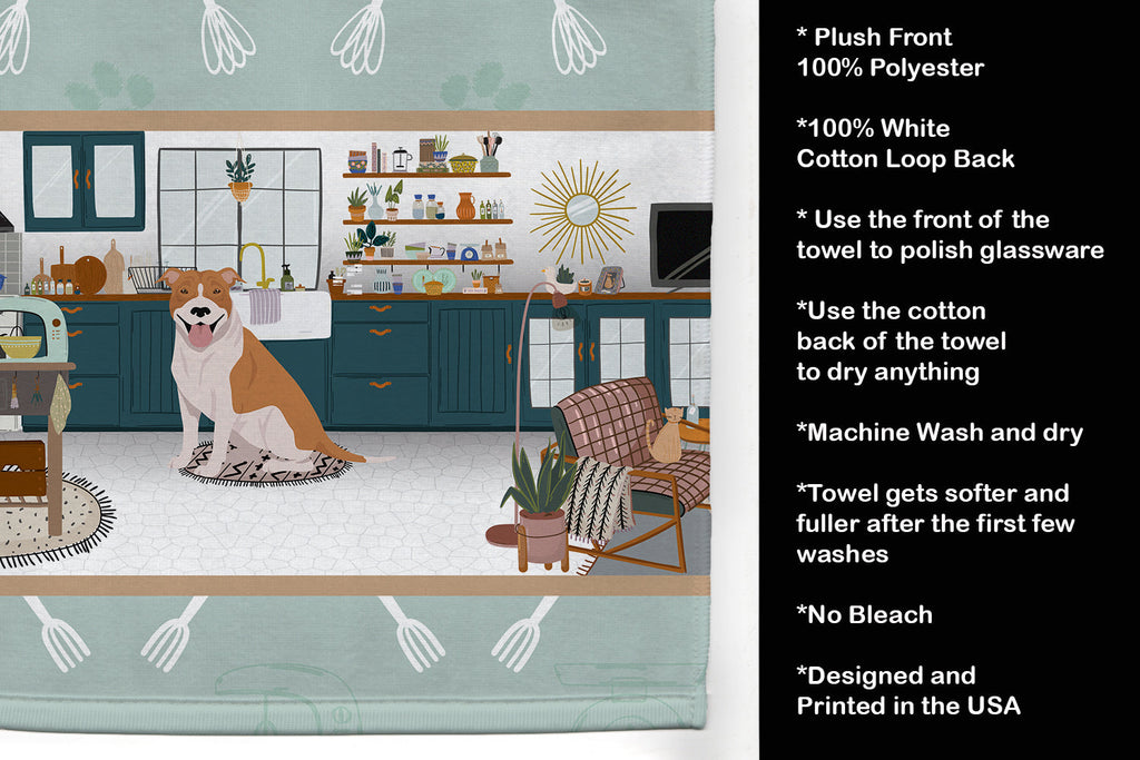 Red and White Pit Bull Terrier in the Kitchen Kitchen Towel Velour Plush Front and Cotton Loop Back Machine Washable