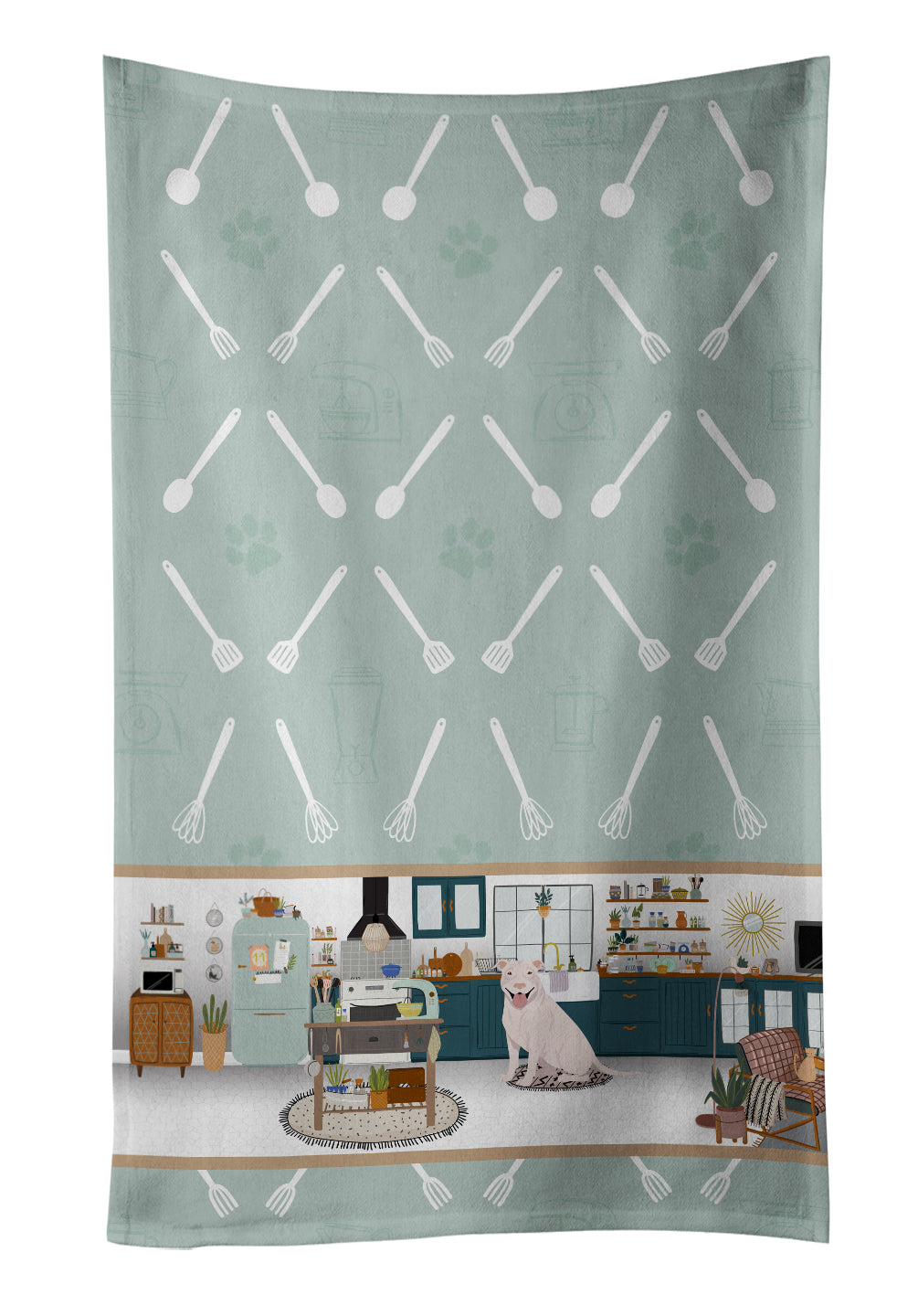 White Pit Bull Terrier in the Kitchen Kitchen Towel Velour Plush Front and Cotton Loop Back Machine Washable