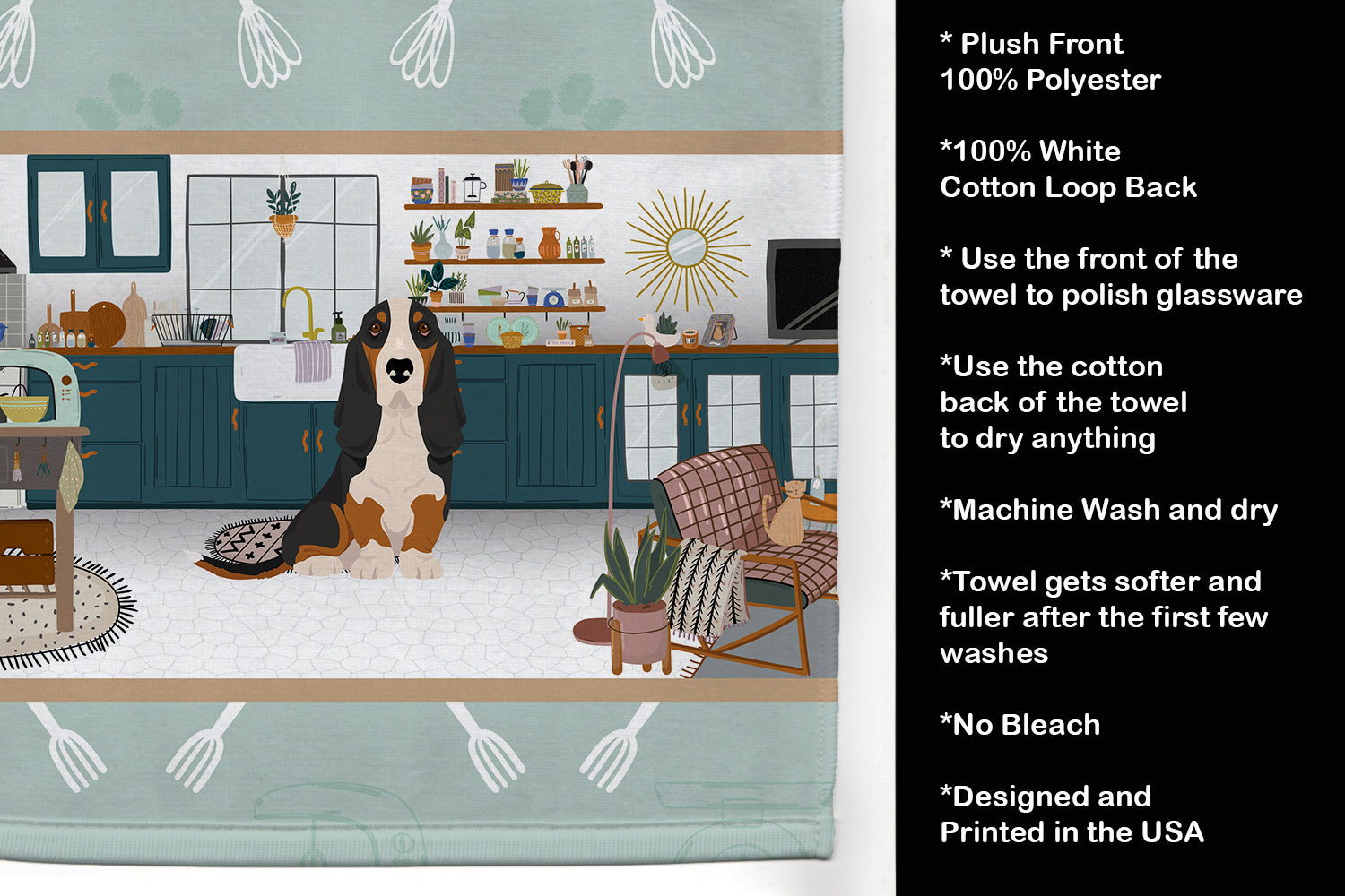 Black Tricolor Basset Hound in the Kitchen Kitchen Towel Velour Plush Front and Cotton Loop Back Machine Washable