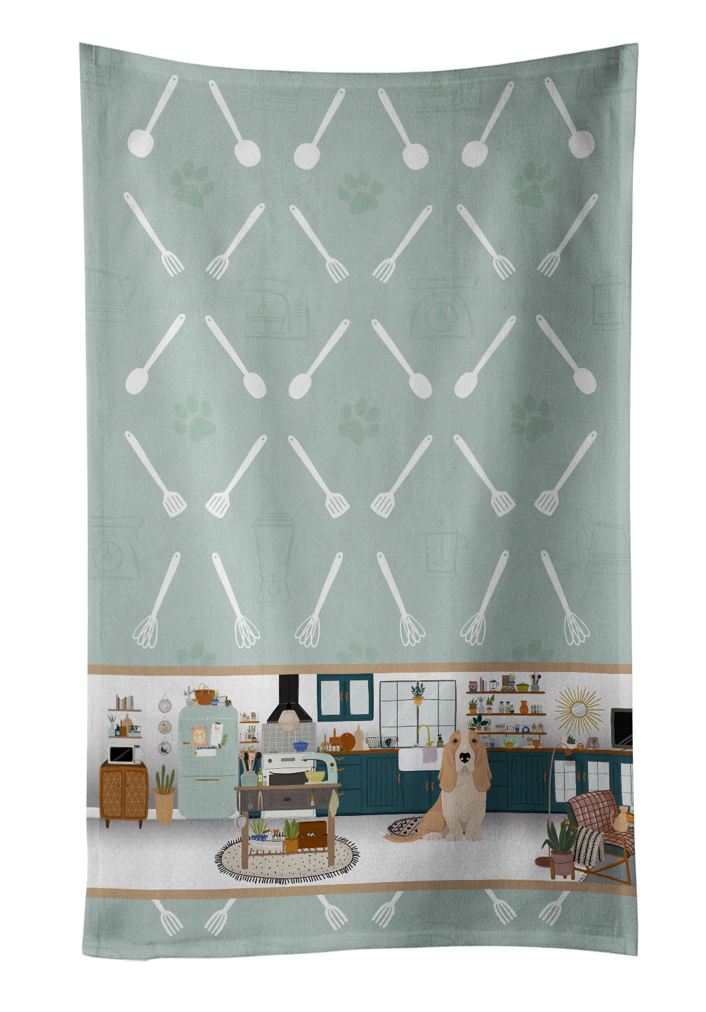 Lemon and White Tricolor Basset Hound in the Kitchen Kitchen Towel Velour Plush Front and Cotton Loop Back Machine Washable