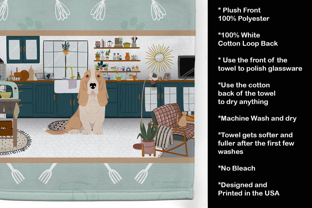 Lemon and White Tricolor Basset Hound in the Kitchen Kitchen Towel Velour Plush Front and Cotton Loop Back Machine Washable