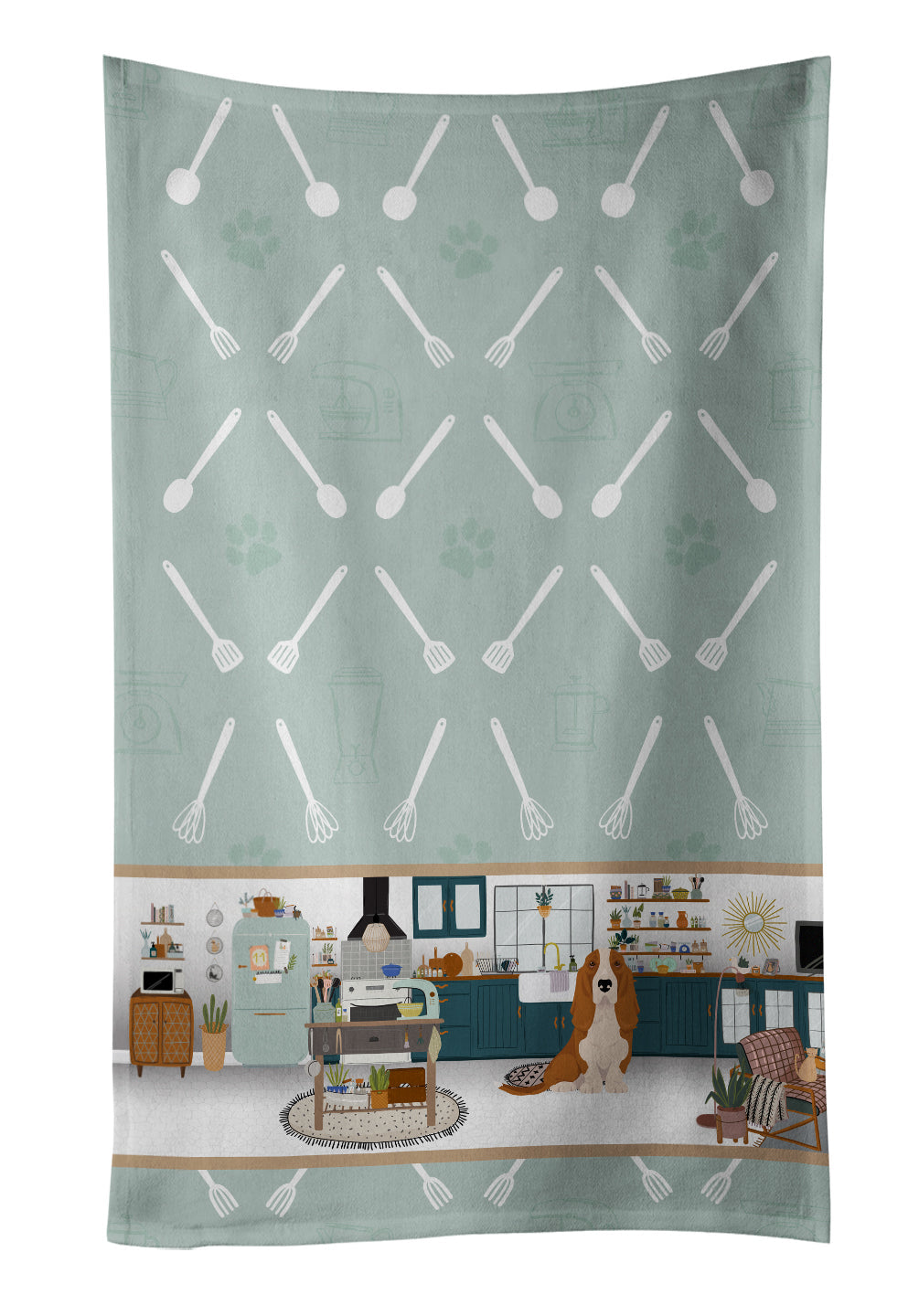 Red and White Tricolor Basset Hound in the Kitchen Kitchen Towel Velour Plush Front and Cotton Loop Back Machine Washable