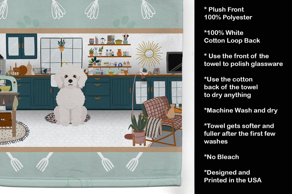 Bichon Frise in the Kitchen Kitchen Towel Velour Plush Front and Cotton Loop Back Machine Washable