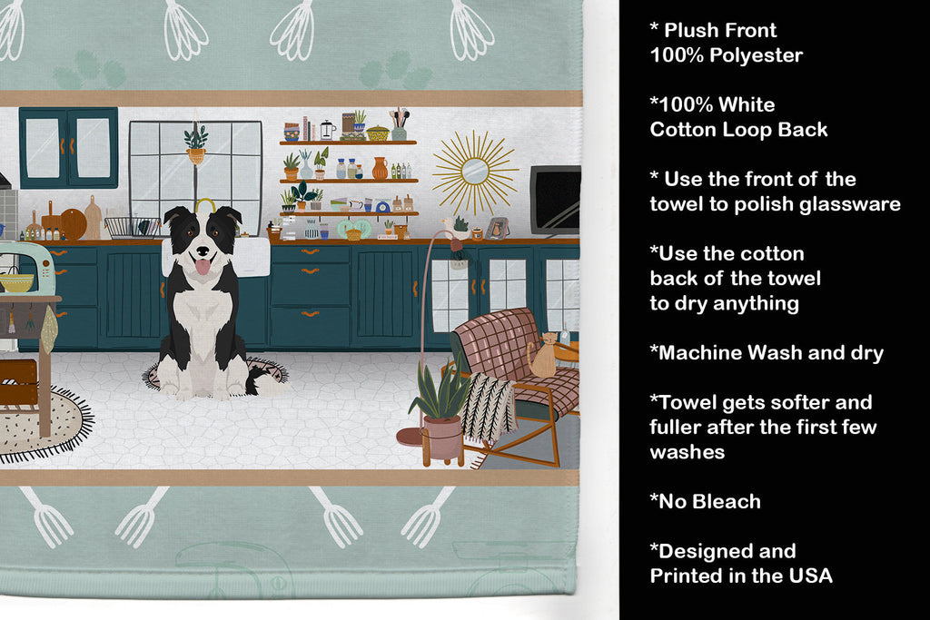 Black and White Border Collie in the Kitchen Kitchen Towel Velour Plush Front and Cotton Loop Back Machine Washable
