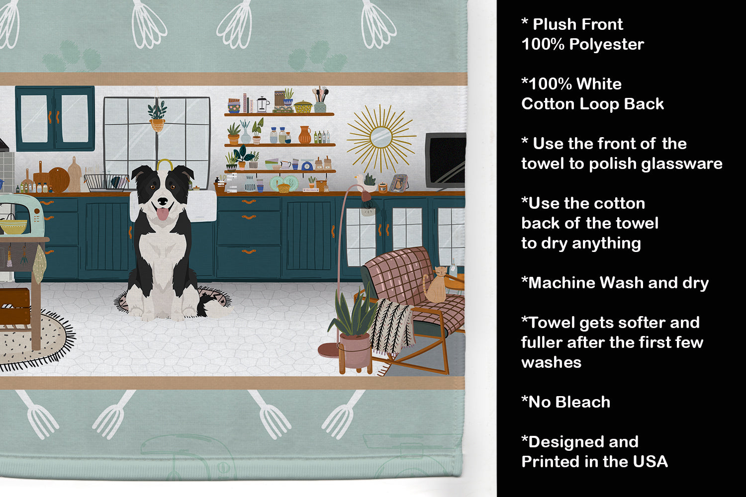 Black and White Border Collie in the Kitchen Kitchen Towel Velour Plush Front and Cotton Loop Back Machine Washable