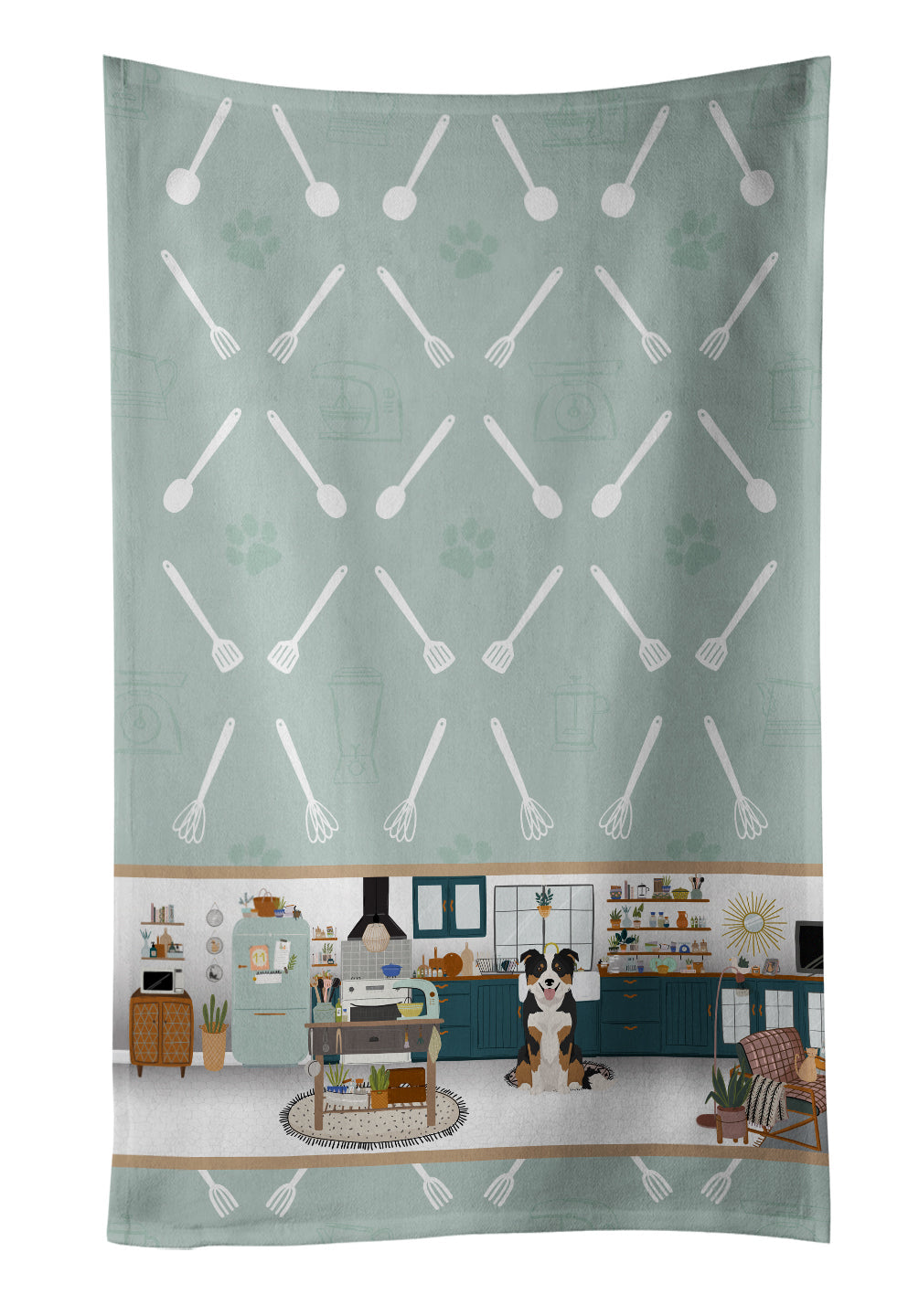 Tricolor Border Collie in the Kitchen Kitchen Towel Velour Plush Front and Cotton Loop Back Machine Washable