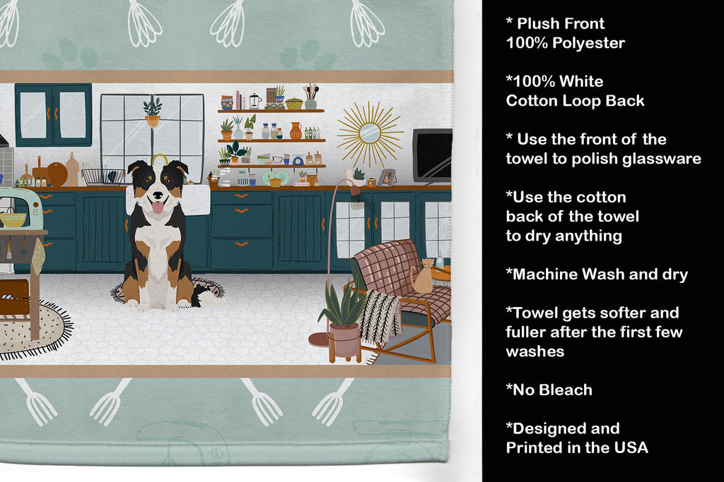 Tricolor Border Collie in the Kitchen Kitchen Towel Velour Plush Front and Cotton Loop Back Machine Washable