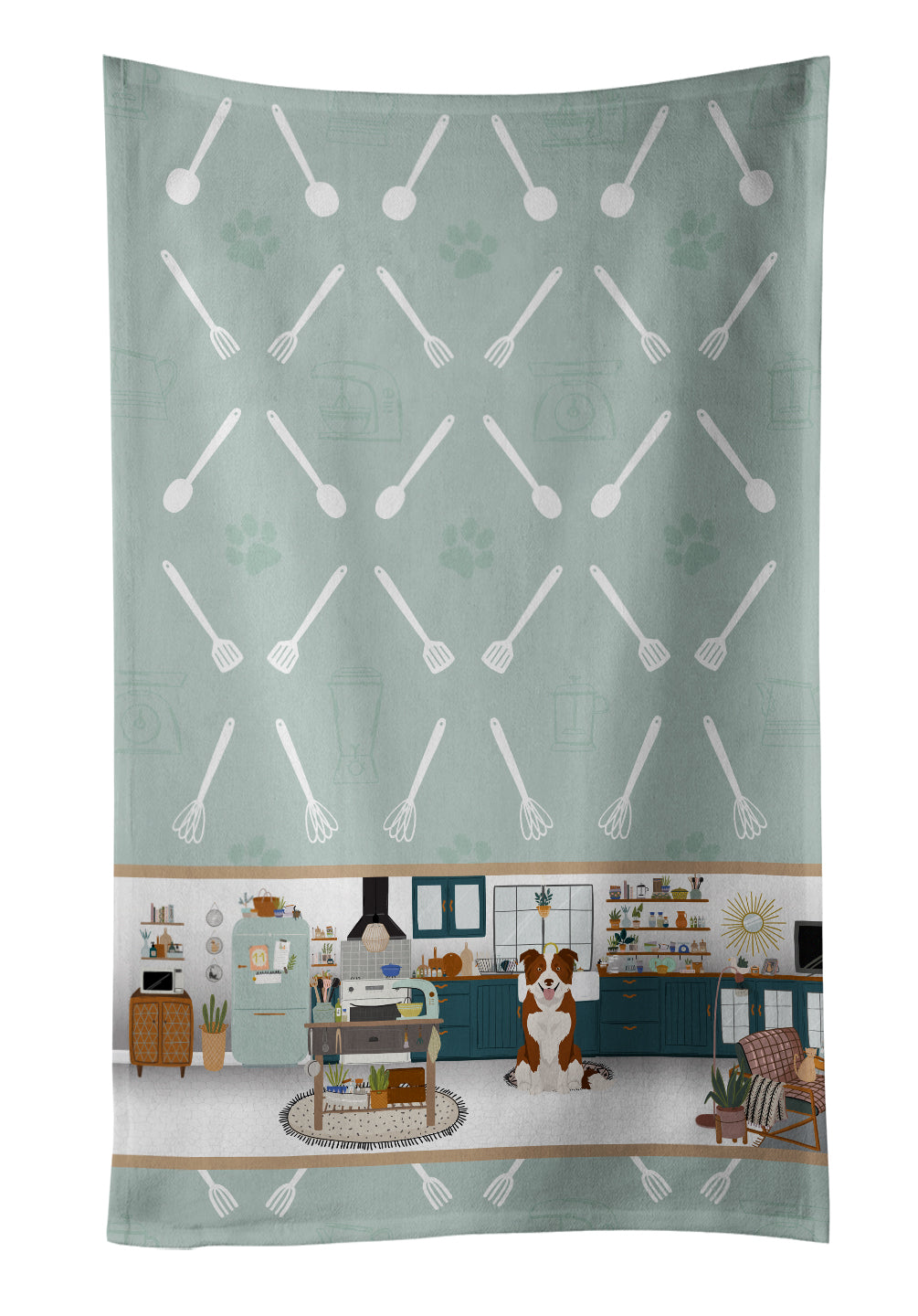 Red and White Border Collie in the Kitchen Kitchen Towel Velour Plush Front and Cotton Loop Back Machine Washable