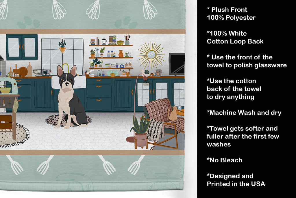 Black Boston Terrier in the Kitchen Kitchen Towel Velour Plush Front and Cotton Loop Back Machine Washable