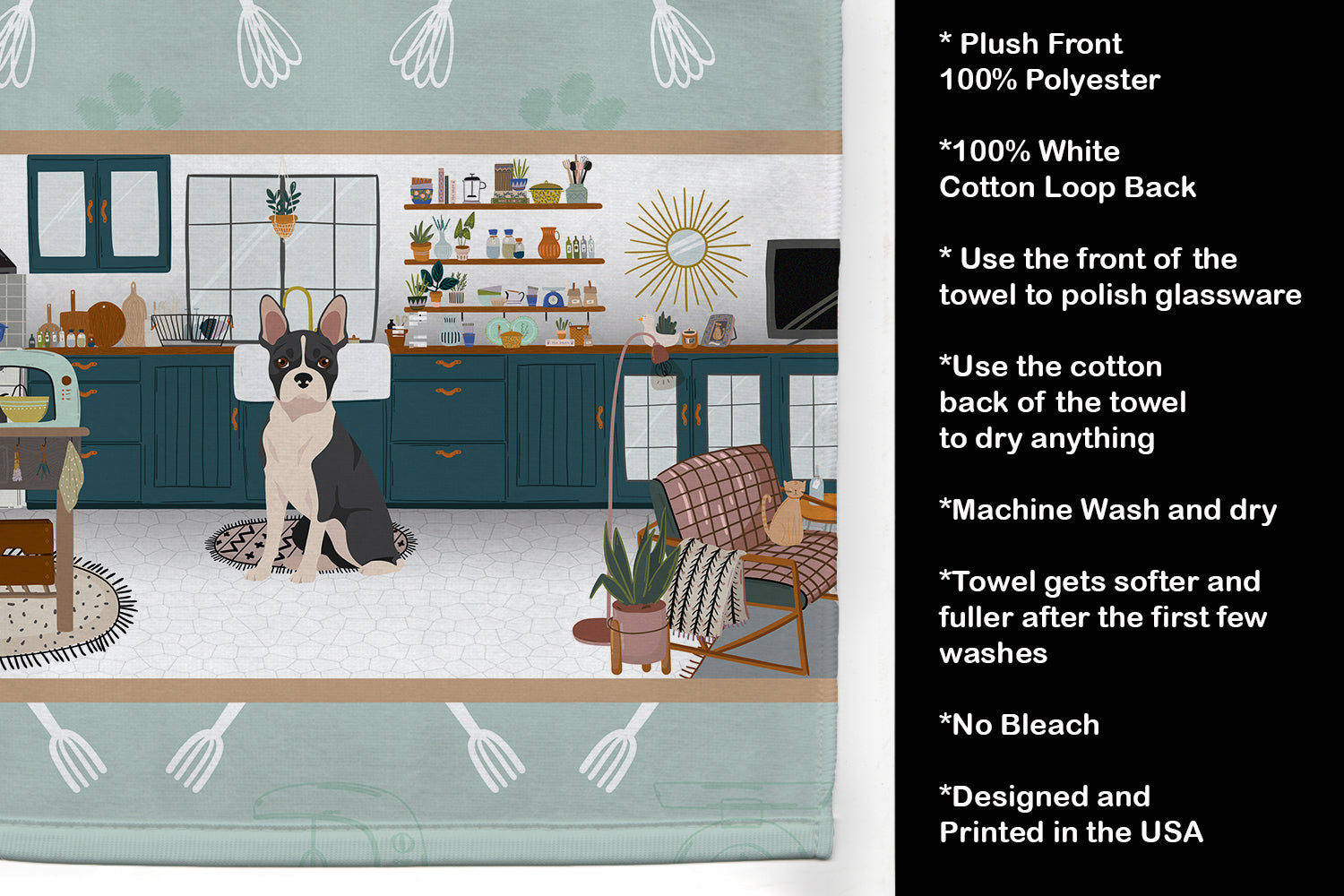 Black Boston Terrier in the Kitchen Kitchen Towel Velour Plush Front and Cotton Loop Back Machine Washable