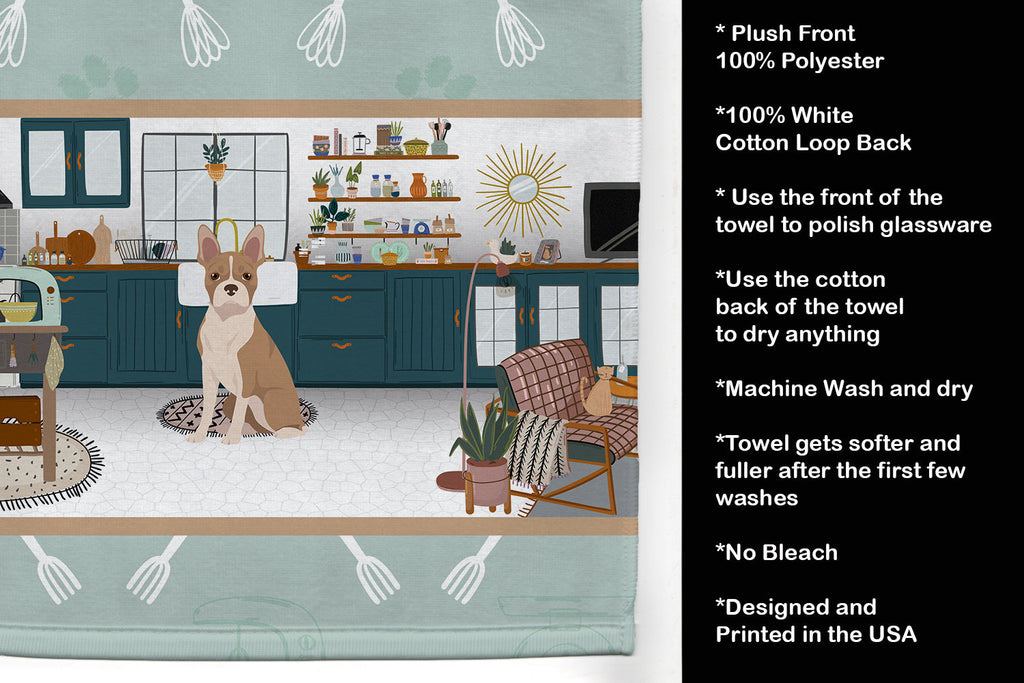 Fawn Boston Terrier in the Kitchen Kitchen Towel Velour Plush Front and Cotton Loop Back Machine Washable